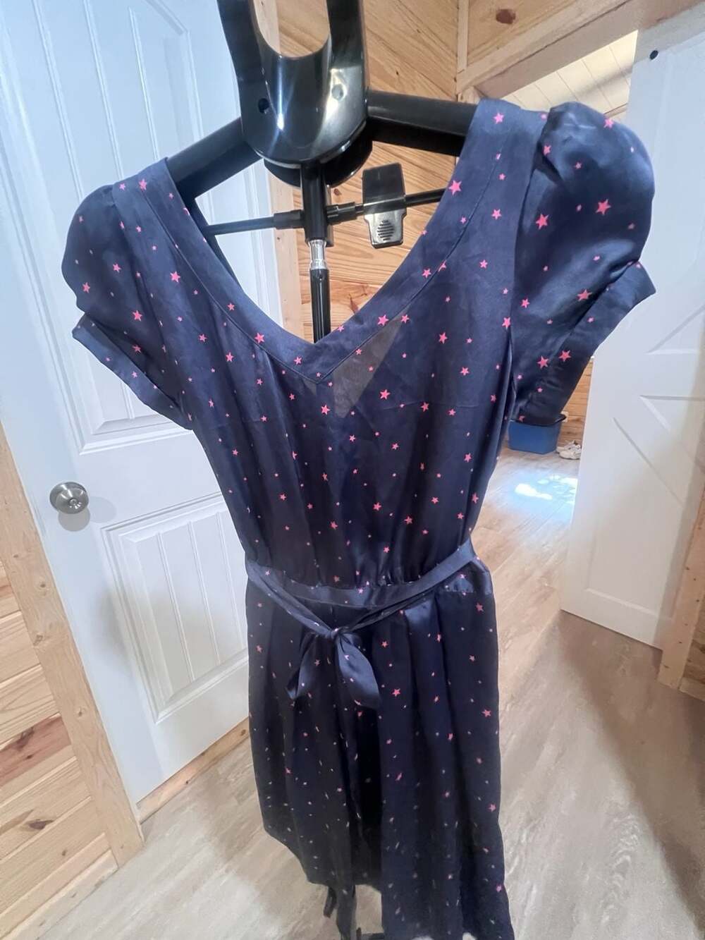 Love H81 Navy Blue Pink Star Print V-Neck Flutter Sleeve Belted Dress